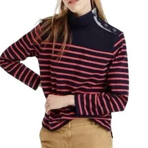 J.Crew Women Small Nautical Striped Button Shoulder Turtleneck‎ Top Navy Pink
